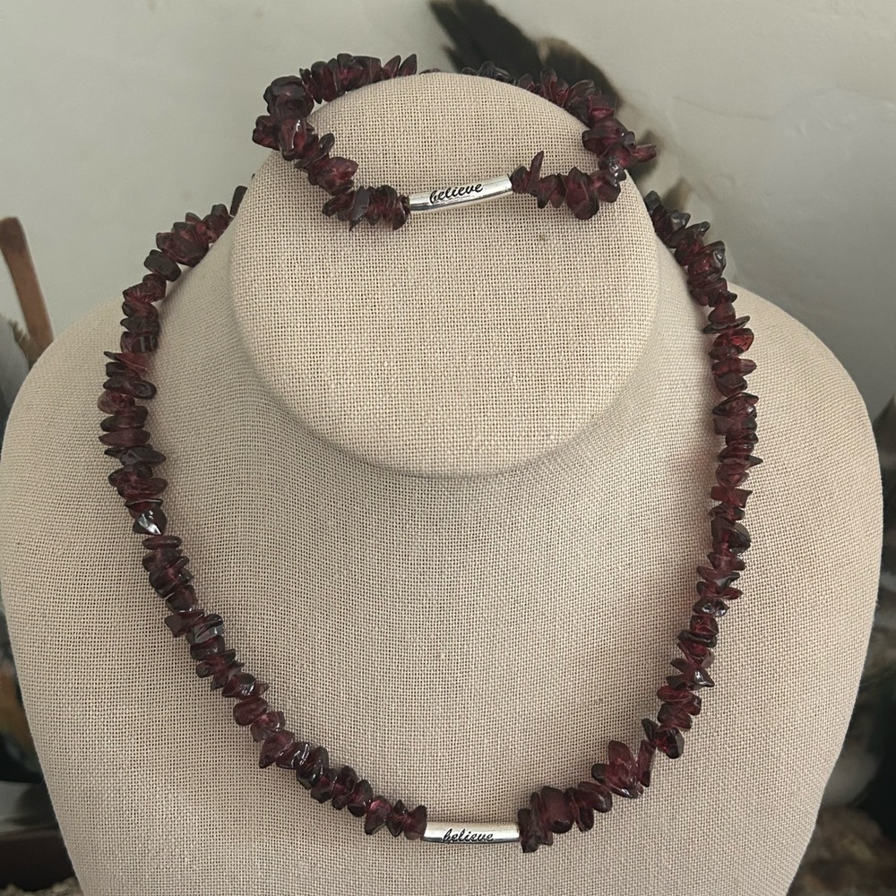 Vintage Deep Burgundy Amethyst Gemstones & Silver Necklace Bracelet Set